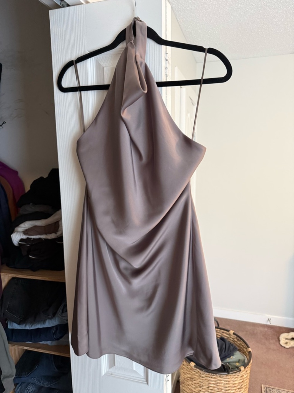 Aritzia Draped Halter Mini Dress in Taupe